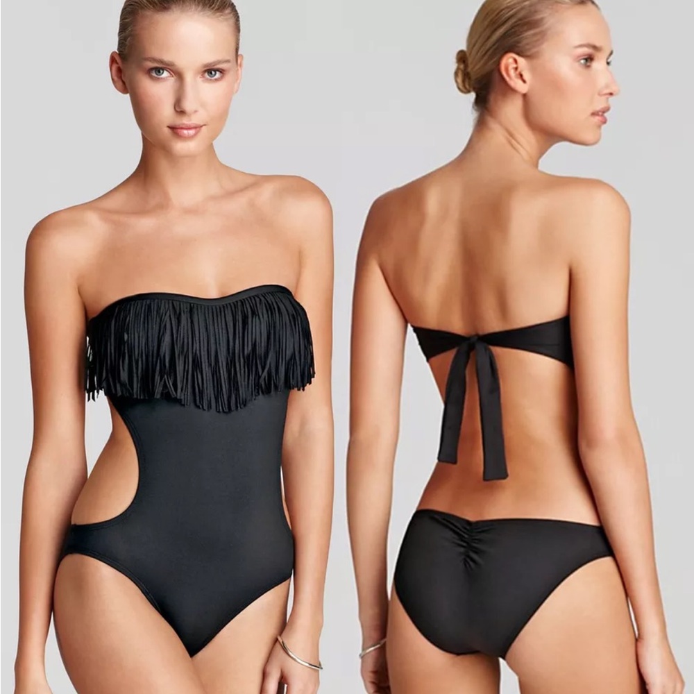 L*Space Black Free Love Prima Donna Fringe Bandeau Monokini Swimsuit
